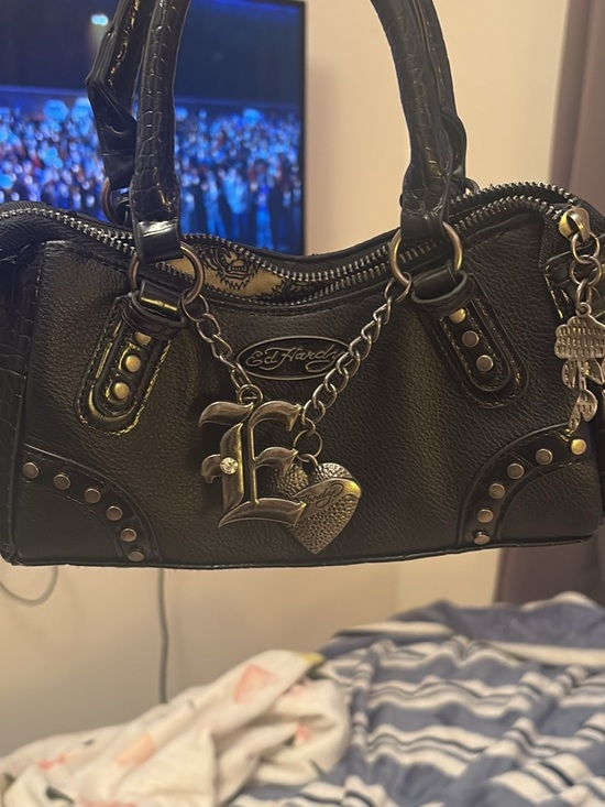 Ed Hardy Handbags - Ed Hardy Black Embossed Satchel with Heart and Initial Charm